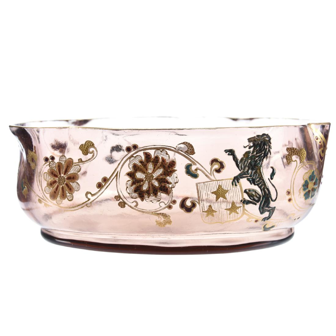 French Bowl, Unmarked, Lion Decor: Unmarked French Art Glass Bowl, 3.5" X 9" Pale Amethyst with Enamel Rampant Lion and Gold Stencil Highlights, in Style of Daum Nancy