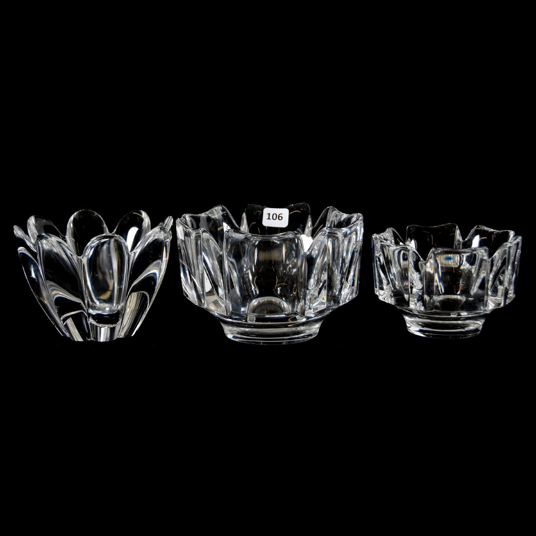 (3) Crystal Bowls, Signed Orrefors: (3) Signed Orrefors Crystal Bowls; (1) 4" X 6" Six Sided; (1) 3.25" X 4.75" Matches Previous Bowl; (1) 3.75" X 5" Eight Lobes