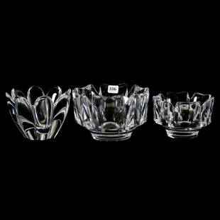 (3) Crystal Bowls, Signed Orrefors: (3) Signed Orrefors Crystal Bowls; (1) 4" X 6" Six Sided; (1) 3.25" X 4.75" Matches Previous Bowl; (1) 3.75" X 5" Eight Lobes