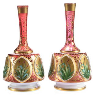 Pair Vases, Bohemian, Cranberry: Pair Bohemian Art Glass Vases, 7" Cranberry with White Overlay, Vesica Shaped Windows, Gold Background, Cattail Decor, Heavy Gold Stencil Highlights, One Bottle Has Light Wear