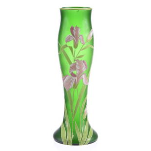 Vase, Enameled Iris Decor: Heavily Enameled Green Art Glass Vase, 12.75" Iris Decor