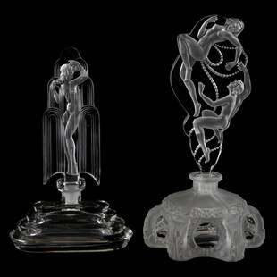 (2) Perfume Bottles, Czechoslovakia: (2) Czechoslovakia Clear Art Glass Perfume Bottles; (1) 8.25" Six-Sided Frosted Glass Bottle with Large Stopper of Engraved Nudes; (1) 7" Clear Step Cut Oval Bottle with Art Deco Style Stopper with