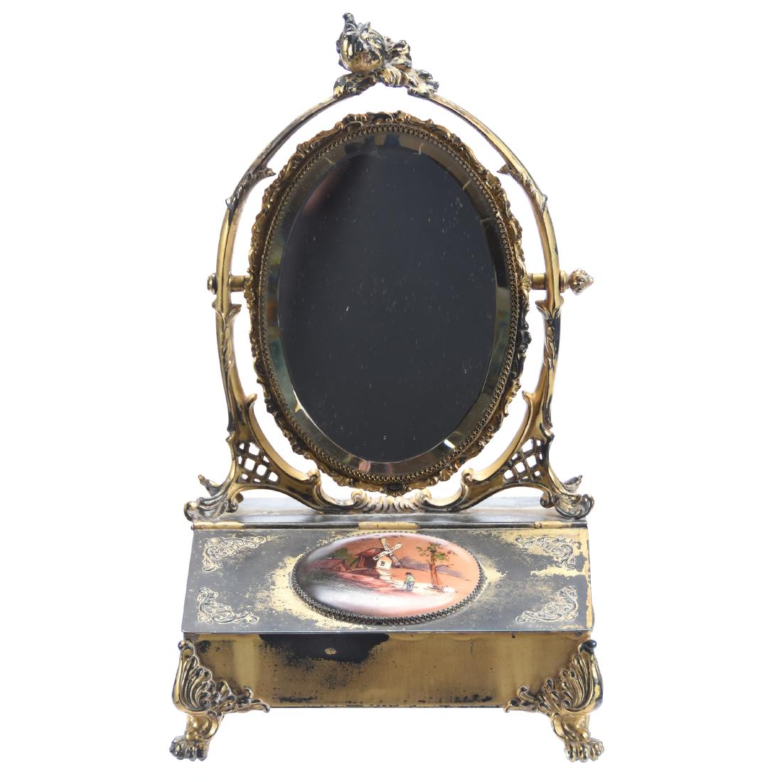 Vanity Box, Marked Pairpoint #3514, Windmill Scene: Marked Pairpoint #3514 Vanity Box, 11.5" X 7" Gilt Metal with Opaque Glass Medallion, Dutch Windmill Scenic Decor, Gilding Has Some Wear
