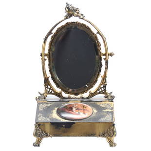 Vanity Box, Marked Pairpoint #3514, Windmill Scene: Marked Pairpoint #3514 Vanity Box, 11.5" X 7" Gilt Metal with Opaque Glass Medallion, Dutch Windmill Scenic Decor, Gilding Has Some Wear