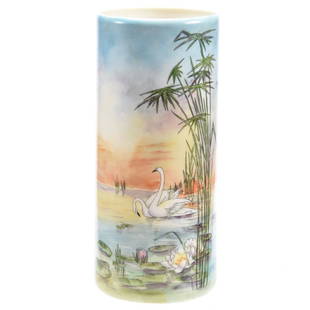 Cylinder Vase, American Belleek: American Belleek Cylinder Vase, 11.75" X 5" Swan Scenic Decor, Artist Signed, Dated 1916, Palette Mark on Base