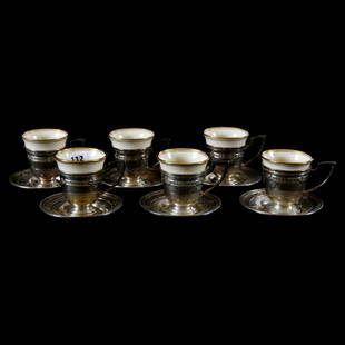 (6) Demitasse Cups, Lenox & Sterling: (6) Lenox & Sterling Demitasse Cups Porcelain Cream Color Inserts with Gold Trim, Matching Sterling Reticulated Cups and Saucers