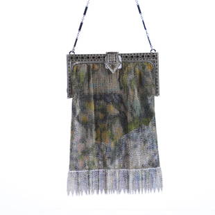 Mesh Evening Bag, Whiting & Davis Co.: Decorated Mesh Evening Bag by Whiting & Davis Co. Silver Frame with Rhinestone and Black Enamel Highlights, Original Lining, Very Nice Condition