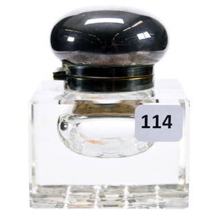 Inkwell, Cut Glass, Square Cane Cut Base: Cut Glass Inkwell, 3.75" X 3" Square Cane Cut Base, Flat Uncut Sides, Silverplate Lid