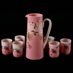 Water Set, Mt. Washington, Glossy Burmese: Fantastic Mt. Washington Glossy Burmese Water Set 10.75" Pitcher, Gold Enamel Blossom and Branch Decor; (6) Matching 3.75" Tumblers, Wonderful Set, Excellent Color; UPDATE 7/22, It has been brought