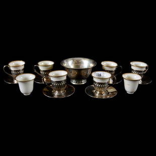 (6) Demitasse Cups, Lenox & Silverplate: (6) Lenox & Silverplate Demitasse Cups Porcelain Cream Color Inserts with Gold Trim, Matching Silverplate Reticulated Cups, and Saucers
