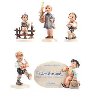 (5) Hummel Figurines: (5) Hummel Figurines; (1)5.5" Congratulations, Tmk#2; (1) #240/2 Little Drummer, 4.5" TMK #2; (1) #82,2/0 School Boy, TMK #2; (1) #3/0 Wayside Harmony, TMK #6; (1) #187/A Store Plaque