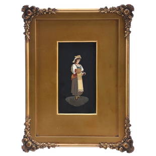 Framed Plaque, Italian Pietra Dura: Italian Pietra Dura Framed Plaque, 6" X 3.25" Black Polished Stone Background with Scene of Woman Pouring Beverage, Mounted in Original 12" X 9" Gilt Wooden Frame
