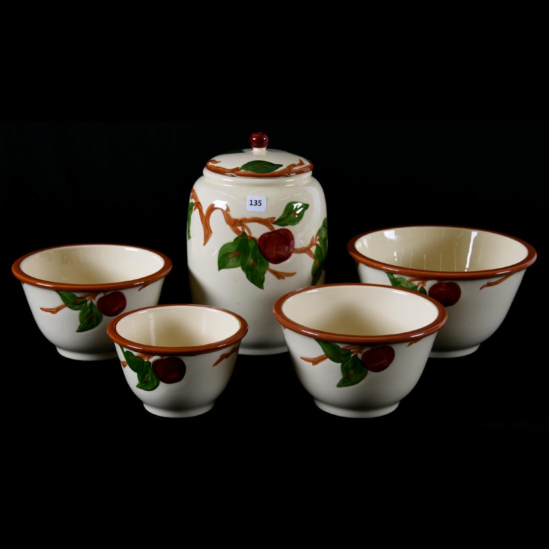 (5) Items, Franciscan California Pottery, Apple Motif: Franciscan California Pottery Items with Apple Motif; (1) 10.5" Cookie Jar; (2) Bowls 9"; (2) Bowls, 7.5" and 6"; UPDATED 7/22/19, 5 items not 7