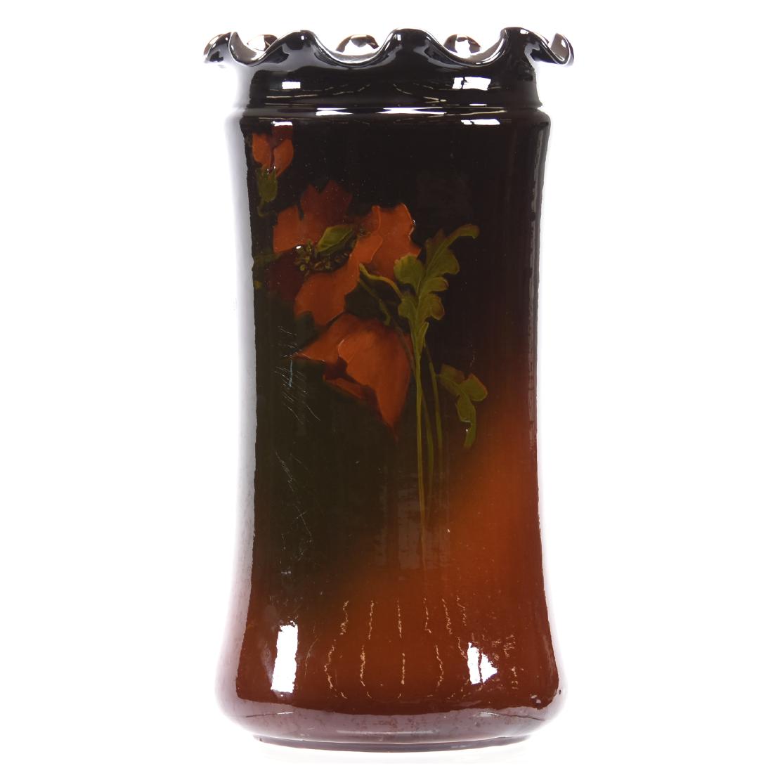 Umbrella Stand, Weller, Rozane Art Pottery: Weller / Rozane Art Pottery Umbrella Stand 21.75" X 11.5" Dark Brown Tones with Large Poppy Decor, Ruffled Rim, One Ruffle with Repair