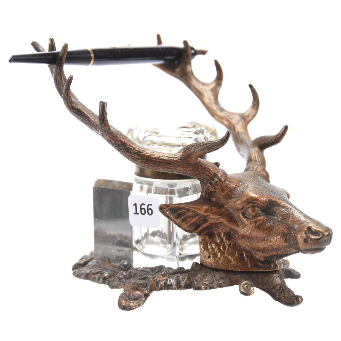 Figural Elk Inkwell: Figural Inkwell, 5.5" X 6.5" Figural Elk Head with Antlers Acting as Pen Rest, Clear Glass Well with Flip Lid