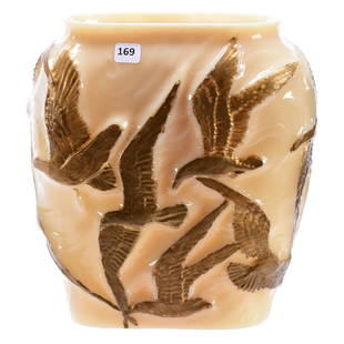 Vase, Consolidated, Phoenix, Seagulls Pattern: Consolidated/Phoenix Seagulls Pattern Vase, 11" X 9.5" Custard Background with Gold Seagull Highlights, Some Gulls Possibly Touched Up with Gold