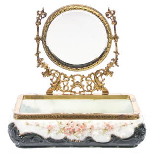 Open Vanity Box, Wave Crest (Banner Mark): Wave Crest; (Banner Mark) Open Vanity Box, 9.5" X 9.5" Emerald Green and White with Pink Floral Decor, Gilt Metal Frame, Round Beveled Mirror