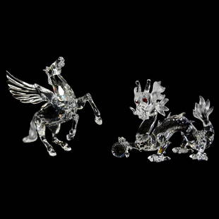 (2) Crystal Figurines, Swarovski: (2) Swarovski Crystal Figurines, New in Box; (1) Annual Edition 1997 Fabulous Creatures the Dragon; (1) Annual Edition 1998 Fabulous Creatures The Pegasus
