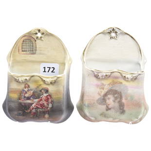 (2) Wall Mount Match Holders, Scenic Tapestry: (2) Scenic Tapestry Wall Mount Match Holders 4.5" X 3.25"; (1) Cavalier Tavern Scene, Royal Bayreuth Blue Mark; (1) Gibson Girl