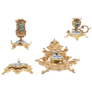 Four Piece Desk Set, French Brass, Cloisonne: French Brass/Cloisonne Four Piece Desk Set Solid Brass with French Cloisonne Floral Design Highlights, Set Includes; (1) 5" X 8.5" Inkwell, Lid Has One Small Spot of Enamel Loss; (1) 6" Pedestal Match