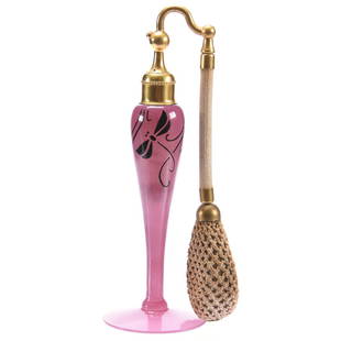 Atomizer, Signed DeVilbiss, Dragonfly Design: Signed DeVilbiss Art Glass Atomizer, 6.75" Pink with Black Dragonfly Design, Squeeze Bulb Is Hardened Solid