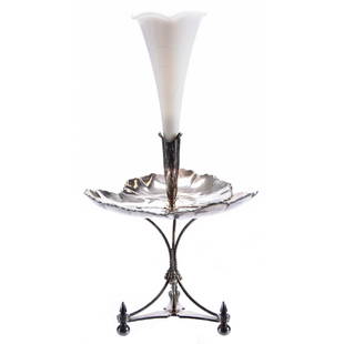 Calling Card Tray & Epergne, Reed & Barton #01874: Victorian Calling Card Tray with Art Glass Epergne 15" X 7" White Milk Glass Vase Insert Set on Reed & Barton #01874 Silverplate Stand