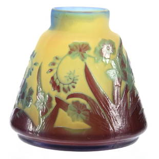 French Cameo Vase, Signed Galle: Signed Galle French Cameo Art Glass Vase, 3.75" X 4" Yellow Background with Blue and Lavender Cameo Carved Floral Decor