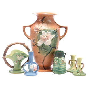 (6) Item, Roseville Art Pottery: (6) Roseville Art Pottery Items; (1) #99,16" Two Handled Vase, Magnolia Pattern, Brown Tones, Base and Rim Chip; (1) #309,8" Basket, Apple Blossom Pattern, Green Tones; (1) Unmarked 6.25" Green