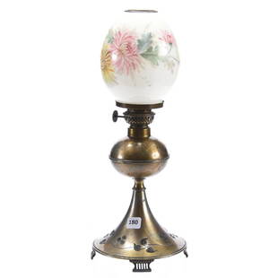 Small Boudoir Lamp, Marked Pairpoint: Small Boudoir Lamp Marked Pairpoint, 14.5" Silverplate Base Marked and Numbered 3028, Egg Shaped Mt. Washington Shade with Enamel Floral Decor