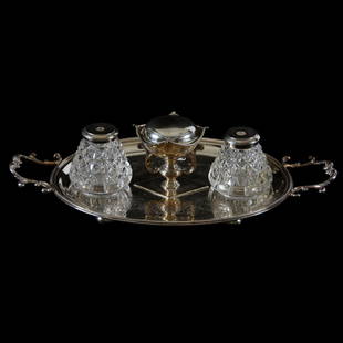 Two Handled Tray, Glass Bottle Inserts, Marked "W &: Two Handled Tray with Glass Bottle Inserts, 3.75" X 13.5" Marked "W & B.S." Silverplate Tray #323, Two Removeable Cut Glass Jars with Silverplate Tops, Center Urn with Removeable Lid, Unique, See
