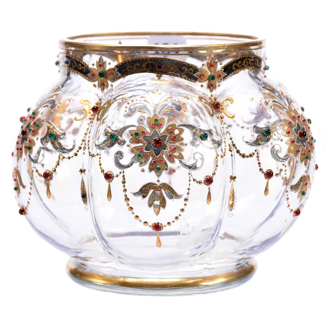 Melon Ribbed Vase, Clear, Gold Enamel & Jewels: Clear Art Glass Melon Ribbed Vase, 5" X 6.5" Gold Enamel with Heavy Colored Jewel Highlights