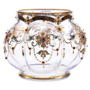 Melon Ribbed Vase, Clear, Gold Enamel & Jewels: Clear Art Glass Melon Ribbed Vase, 5" X 6.5" Gold Enamel with Heavy Colored Jewel Highlights