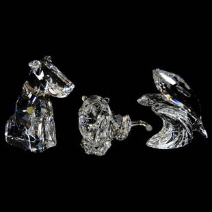 (3) Crystal Animal Figurines, Swarovski: (3) Swarovski Crystal Animal Figurines, New in Box; (1) Annual Edition 1995 The Lion; (1) The Dog; (1) Annual Edition 1992 The Whales