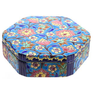 French Art Pottery Box, Signed Longwy: Signed Longwy French Art Pottery Box, 2" X 7.25" Six-Sided, Blue Background with Colorful Floral Design