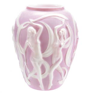 Vase, Consolidated, Phoenix, Dancing Nymphs: Phoenix/Consolidated Dancing Nymphs Vase, 11.25" Pink Background, Three Outside Rim Chips