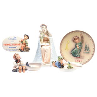 (4) Figurines, (1) Plate, Hummel: (4) Hummel Figurines & (1) 1971 Collectors Plate; (in Box); (1) #10, 9" Flower Madonna TMK 2; (1) #187a Store Plaque; (1) #166 Ashtray, Boy with Bird, TMK #4; (1) #62 Ashtray, Happy Pastime, Possible