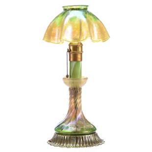 Candle Lamp, Unmarked Loetz, Oil Spot Design: Unmarked Loetz Art Glass Candle Lamp, 13" Green and Gold Iridescent Oil Spot Design, Green Pulled Feather, Electrified Stem, Metal Base, Very Nice; UPDATE 8/1/19, Center candle insert attributed to