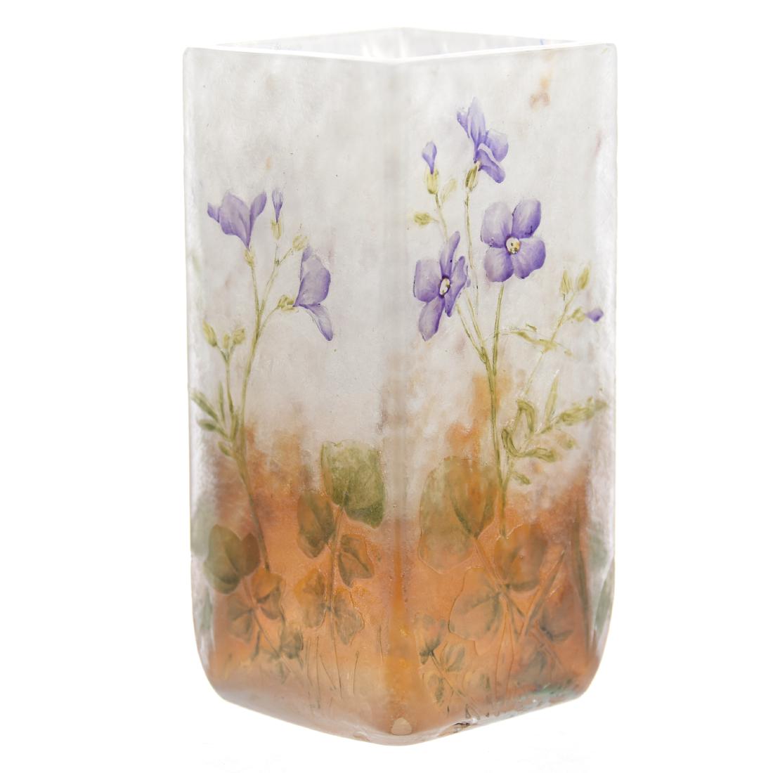 French Cameo Vase, Signed Daum Nancy: Signed Daum Nancy French Cameo Art Glass Vase 4.5" White & Brown Mottled Background with Carved & Enamel Floral Decor, Pro Polished Corners on Base