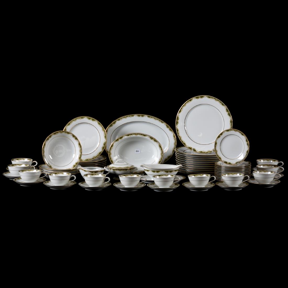 (65) Piece Dinnerware Set, Noritake: Noritake; (65) Piece Dinnerware Set Model #6872, White with Green Scroll Border, See Photos for Details