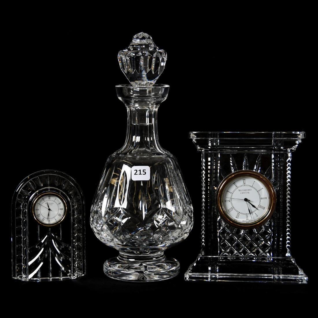 (3) Crystal Items, Signed Waterford: (3) Signed Waterford Cut Crystal Items; (1) 12" Pedestal Decanter; (1) 7" Clock in Original Box; (1) 5.25" Clock