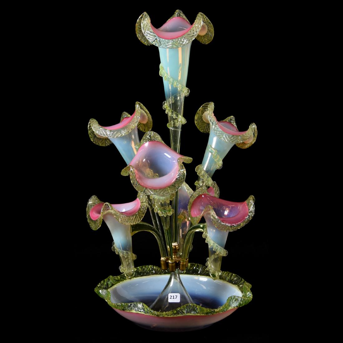 Epergne, Cranberry Vaseline Opalescent: Cranberry Vaseline Opalescent Art Glass Epergne, 23" Seven Lily All Matching with Three Special Bent Stem Lily's, Excellent Quality!