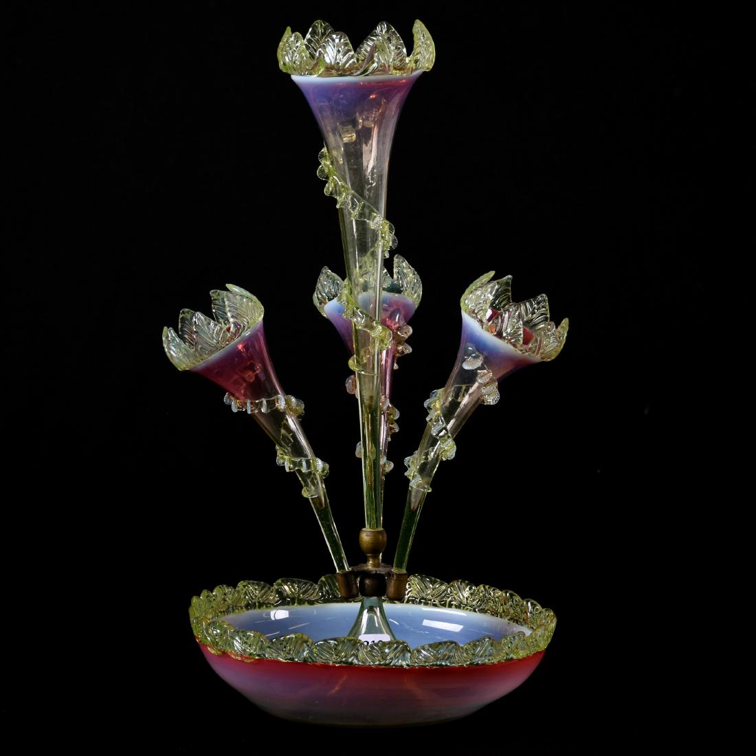 Epergne, Cranberry Vaseline Opalescent: Cranberry Vaseline Opalescent Art Glass Epergne, 19" Four Tulip Shaped Lily's, Bowl Has 2" Crack