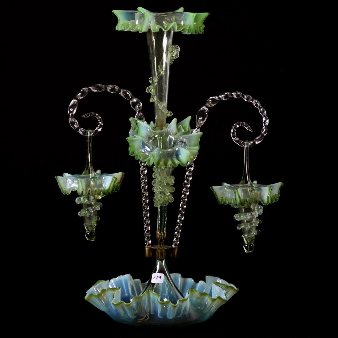 Epergne, Three Lily, Green Opalescent: Green Opalescent Art Glass Three Lily Epergne 21" Includes Two Hanging Baskets with Candy Cane Holders, Nice Matched Set, One Hanging Basket Has One Ruffle with Professional Repair