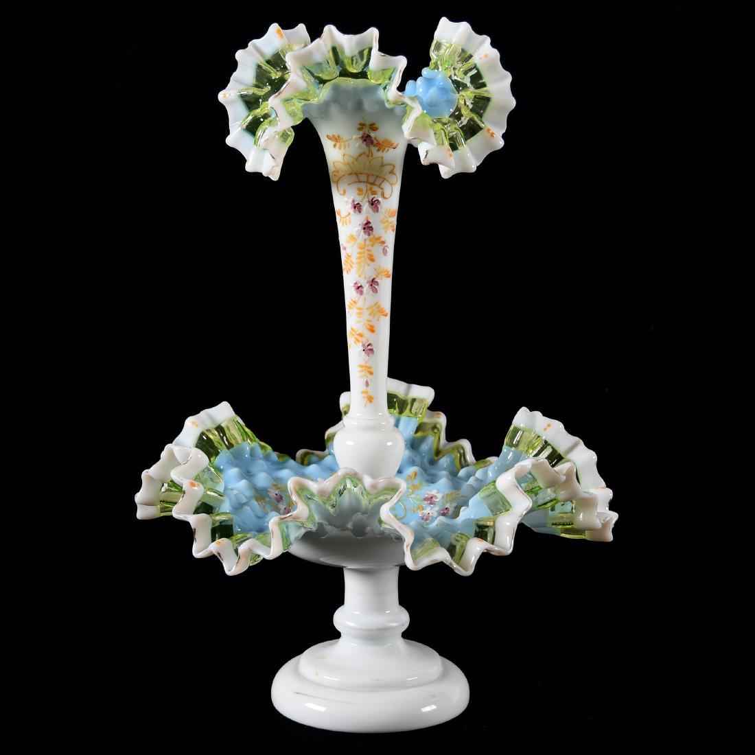 Two Piece Center Epergne, White Opaque Glass: Two Piece Center Epergne, 17" X 12" White Opaque Glass with Blue Interior and Unique Ruffled Vaseline Glass Rim, Enamel Floral Decor
