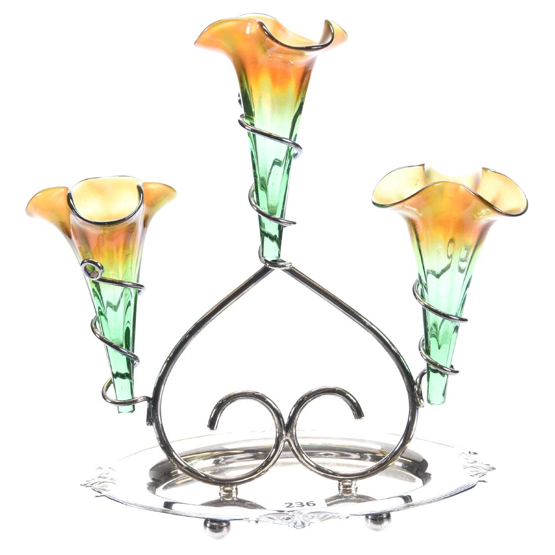 Epergne, Silverplate Frame, Three Lily Trumpet Vases: Three Lily Art Glass Epergne, 9.5" X 9" Silverplate Tray with Wire Frame Holders, Three Green and Marigold Removeable Trumpet Vases