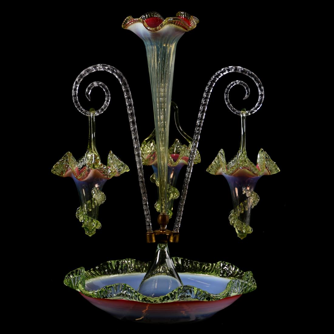 Epergne, Single Lily, Cranberry Vaseline Opalescent: Cranberry Vaseline Opalescent Single Lily Epergne 20" with 13" Bowl, Three Hanging Baskets with Candy Cane Holders, Metal Fitting Has Been Altered by Removing Some Vase Holders