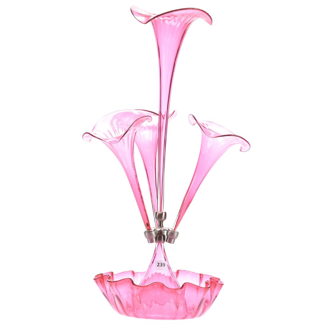 Epergne, Four Lily, Cranberry: Cranberry Four Lily Art Glass Epergne, 21" X 9" Silver Color Metal Fittings