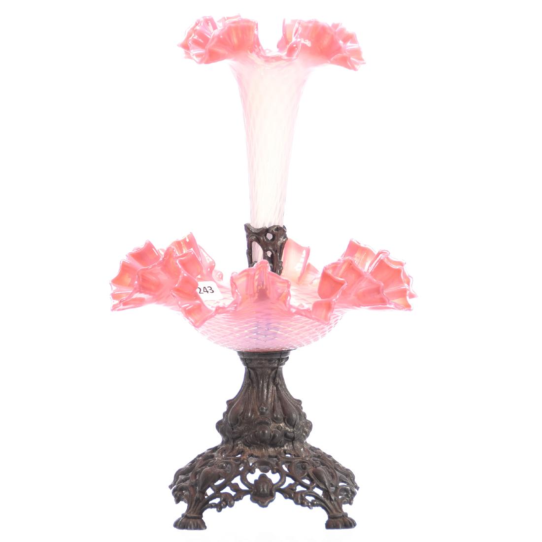 Epergne, Pink Opalescent: Victorian Pink Opalescent Art Glass Epergne, 14.5" X 9" Diamond Quilted Ruffled Bowl and Vase Mounted on Embossed Metal Base and Holder