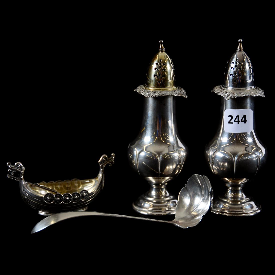 (4) Items, Sterling Silver: (4) Sterling Silver Items; (1) Pair 5.25" Wallace #4850,9 Salt & Pepper Shakers; (1) 5" Gorham Sterling Ladle; (1) 1.75" X 3.25" Sterling Salt Dip in Shape of Viking Ship, from Norway