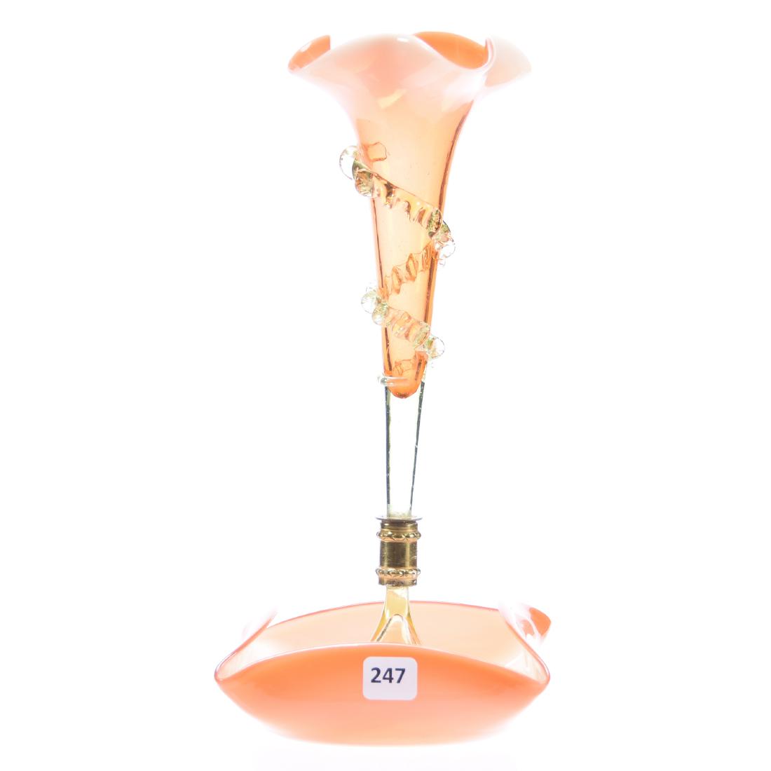 Epergne, Single Lily, Apricot Vaseline: Small Victorian Art Glass Single Lily Epergne, 12" X 5.5" Apricot Vaseline Opalescent, Cute Item